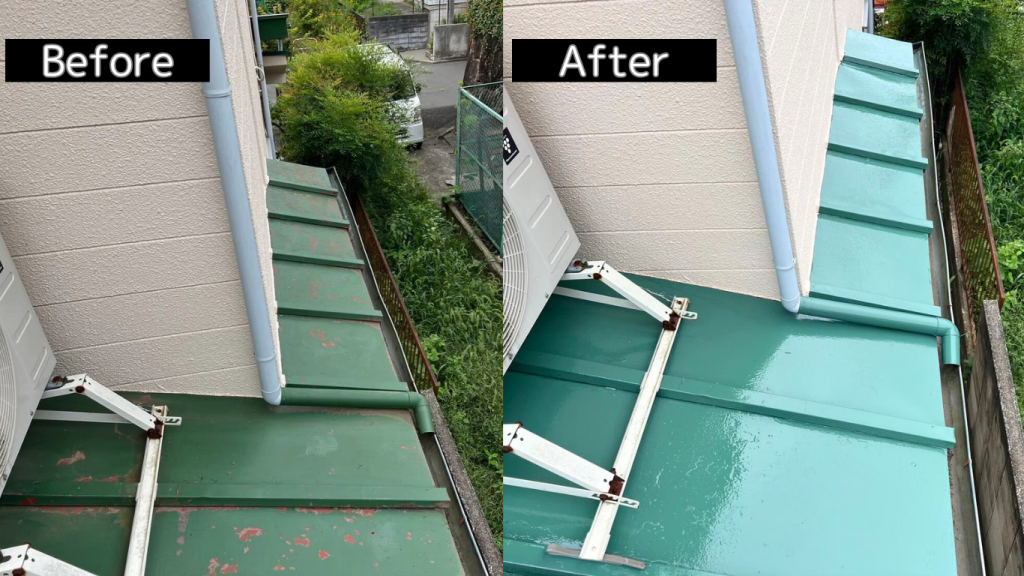 【調布市】下屋根塗装｜色あせた屋根を鮮やかなグリーンに再生！